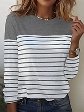 ieftine Tricou cu dungi și geometric-Pentru femei Tricou Dungi De Bază Manșon Lung Rotund Topuri obișnuite Zilnic Sfârșit de săptămână Imprimeu Negru Alb Roșu-aprins Albastru piscină Gri Toamna iarna