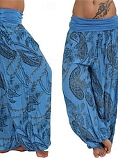 baratos perna larga e cintura alta-Mulheres Calças Calças Harem Calça Palazzo Moda Boho Comprimento total Cintura Média Imprimir Cintura elástica Confortável Micro-Elástica Rua Roupa Diária Para Noite Preto Amarelo Vermelho Azul