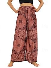 baratos perna larga e cintura alta-Mulheres Perna larga Calças Casual Boho Comprimento total Cintura Alta Imprimir Bolsos Design de cordão elástico Respirabilidade Macio Micro-Elástica Férias Rua Roupa Diária Vermelho Verde Verão