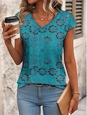 billige Boho tank topp-Dame Boho T-skjorte Bluse Grafisk Planter Elegant Årgang Stilfull Ermeløs Kortermet V-hals Vanlige topper Daglig Trykt mønster Rød Blå Grønn Sommer Vår