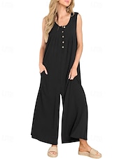 olcso alkalmi kombiné-Női Szabályos Jumpsuitek Utcai sikk Tömör szín Ujjatlan U-alakú Gombok Zseb Utca Napi Normál Fekete Sötétkék Medence Nyár