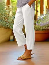 economico Pantaloni in lino e cotone semplici-Pantaloni da donna in cotone e lino, stile etnico vintage, alla caviglia, vita alta, tinta unita, comodi, traspiranti, morbidi, microelastici, verde militare, rosso scuro, nero, bianco, estivi, primaverili, vestibilità ampia.