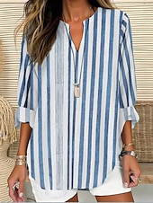 abordables Tops à Rayures et Géométriques pour Femmes-Femmes Chemise Fleuri Rayé Élégant Moderne manche longue Col en V Hauts Réguliers Quotidien Fête Boutons Imprimé Rose Claire Bleu Roi Bleu Gris Été