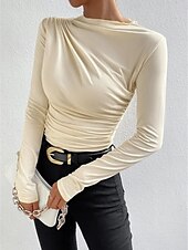preiswerte Einfarbiges T-Shirt-Damen Bluse Einfarbig Elegant Stilvoll Basic Langarm Rundhalsausschnitt Normale Oberteile Täglich Gerafft Schwarz Weiß Braun Hellgrau Aprikose Sommer Frühling