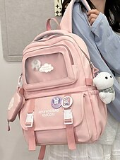 tanie Plecaki dla dzieci i nastolatków-dziewczęcy plecak szkolny w kolorze makaroników - wodoodporny, o dużej pojemności, z ozdobnymi szpilkami, brelokiem w kształcie pluszowego misia i wieloma kieszeniami, odpowiedni dla nastoletnich uczennic i do codziennego użytku na uczelni