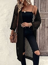 abordables Manteaux &amp; trenchs-Femmes Veste Décontractée Respirant Confortable Découpé Occasionnel Uni Vacances Rue Occasionnel Tenue quotidienne Ouvert devant Long Sans Col Coupe régulière Manche 3/4 Vêtements d&#039;extérieur Noir