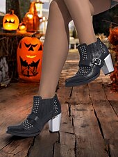 olcso Bokacsizma-női 1980-as évekbeli fekete gótikus bokacsizma koponyacsattal és szegecsekkel, vastag sarkú punk bokacsizma halloweeni buliba és esti kiruccanásokra