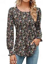 billige Blomster t-skjorte-Dame Bluse Blomsternål i krystall Moderne Fritid Langermet Crew-hals Vanlige topper Daglig Ferie Trykt mønster Svart Gul Militærgrønn Høst