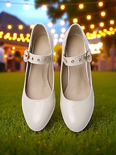 お買い得  Block Heels-カジュアルなデートに最適な、バックルストラップ付きのレディース用ホワイトパテントレザーブロックヒールメリージェーンシューズ