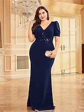 cheap BLUE-Mermaid / Trumpet Plus Size Dresses Elegant Curve Dress Formal Wedding Floor Length Short Sleeve V Neck Polyester with Appliques