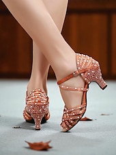 abordables Chaussures de danses latines-Chaussures de danse latine à talons strass pour femmes avec design à lanières, chaussures de salon à bout ouvert en satin pour performances professionnelles et soirées à thème Gatsby