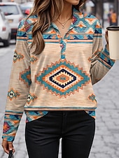billige Boho t-skjorte-Dame T skjorte Grafisk Geometri Årgang Stilfull Fritid Langermet V-hals Skjortekrage Vanlige topper Daglig Trykt mønster Gul Rosa Blå Lilla Kakifarget Høst Vinter