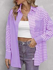 economico Giacche per camicie-Per donna Camicia Blusa Plaid Moderno Casual Manica Lunga Colletto a Camicia Top Regolari Quotidiano Uscire Tasca Bottoni Viola Marrone Autunno