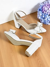 abordables Block Heels-Escarpins blancs à talons compensés pour femmes avec nœud en strass et bride à la cheville pour des rendez-vous décontractés et des tenues de jour élégantes