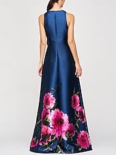 cheap FLORALS-Blue A-Line Evening Gown Elegant Dress Formal Wedding Floor Length Sleeveless High Neck Pocket Satin with Floral Print