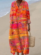 billiga Randiga och geometriska klänningar-Dam Midiklänning Solklänning A linjeklänning Semester Ledigt Boho Utekväll Strand Lös passning Grafisk Geometrisk Rand Långärmad V-hals Svart Orange Grön Ljusgrå Sommar Vår