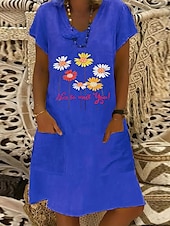 abordables Robes Bohémiennes-Femmes Robe Midi Robe en lin Robe Décontractée Robe bohème Robe Imprimée Élégant Mode Classique Manches bouffantes Vacances Fête Robe d&#039;Automne Coupe régulière Fleuri Marguerite Manche Courte Col en V