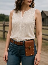billiga Crossbodyväskor-Bohemisk westernmidjeväska i konstläder för kvinnor med vintagespänne, retro nitdetaljer och handsfree-telefonhållare, lämplig för festivaler, resor och dagligt utomhusbruk
