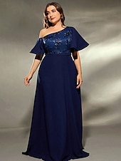 baratos AZUL-Vestido de Gala Linha A Vestido Elegante Casamento Formal Comprimento do Chão Manga Curta Um Ombro Cetim com Pregas
