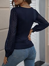 billige Kvinne Enkle Topper-Dame Skjorte Helfarge Stilfull Fritid Langermet V-hals Vanlige topper Daglig Netting Lapper Svart Hvit Navyblå Sommer Vår