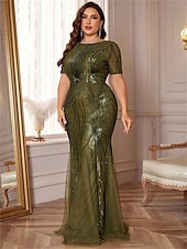 economico VERDE-Abiti da Mare  Tromba Taglia Plus Elegante Abito Curve Formale per Matrimonio Lunghezza Della Terra Manica Corto Collo A Giro Poliestere con Paillettes 2025