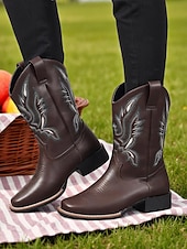 abordables Cowboy et bottes occidentales-bottes de cowboy mi-mollet brodées pour femmes, bottes western en similicuir pour les travaux agricoles, les célébrations des récoltes et les événements rustiques en plein air