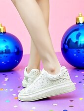 baratos Ténis de mulher-Tênis plataforma feminino branco com strass - sapatos de festa brilhantes com cadarço e detalhes em cristal para a vida noturna e para baladas
