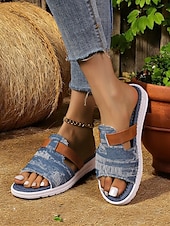 economico Sandali Casual-sandali slip-on in denim da donna con dettagli in similpelle, stile rustico chic da fattoria per barbecue in giardino, passeggiate in campagna e abbigliamento casual quotidiano