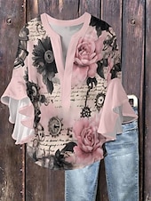 abordables Animaux Tops-Femmes Chemisier Fleuri Élégant Moderne Manche 3/4 Col en V Hauts Réguliers Quotidien Fête A Volants Imprimé Rose Claire Bleu Vert Abricot Été