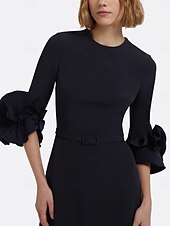 economico BLU-Abito da sera nero a trapezio, elegante, formale, da sposa, lungo fino al pavimento, manica lunga, scollo rotondo, in crêpe elasticizzata con pieghe, 2025