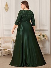 preiswerte GRÜN-A-Linie Plus-Size Kleider Elegantes Kurvenkleid Formelle Hochzeit Bodenlänge 3/4 Länge Ärmel V-Ausschnitt Satin mit Pailletten