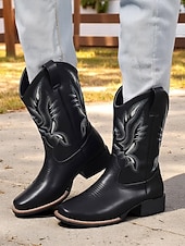 abordables Cowboy et bottes occidentales-bottes de cowboy mi-mollet brodées pour femmes, bottes western en similicuir pour les travaux agricoles, les célébrations des récoltes et les événements rustiques en plein air