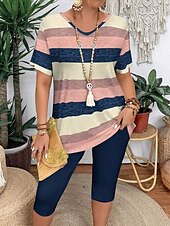 abordables Ensembles courts pour femmes-Femmes Mode T-shirt Ensembles de Shorts Manche Courte Col en V Graphique Rayé Imprimé Décontracté Quotidien Rose Claire Violet Vert Été Coupe régulière