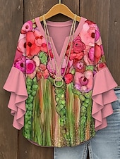 preiswerte Blumenoberteile-Damen Bluse Blumen Grafik Abstrakt Elegant Täglich Lässig Dreiviertelarm V Ausschnitt Normale Oberteile Täglich Ferien Druck Gelb Rosa Rote Blau Purpur Sommer Frühling Herbst