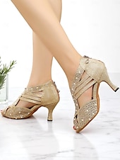 cheap Latin Shoes-Women&#039;s Rhinestone Peep Toe Mid Heel Dance Shoes with Glitter Mesh Upper for Latin Ballroom and Salsa Performances