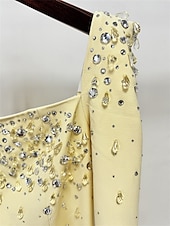 cheap YELLOW-Mermaid / Trumpet High Fashion Yellow Dress Elegant Dress Formal Wedding Floor Length Semi Formal Long Sleeve Square Neck Crepe Center Back Slit with Crystal