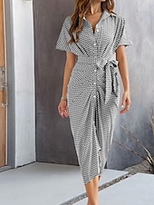 cheap Stripe&amp;Geometric Dress-Women&#039;s Midi Dress Sheath Dress Summer Dress Casual Daily Regular Fit Graphic Short Sleeve Lapel Black Brown Summer