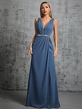 voordelige BLAUW-Zeemeermin  Trompet Quinceanera Jurken Elegante Jurk Formeel Bruiloft Vloerlengte Mouwloos V Hals Chiffon met Split