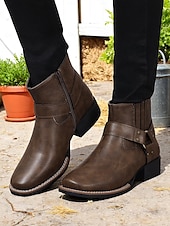 abordables Cowboy et bottes occidentales-bottines pour femmes avec fermeture éclair latérale et détail de sangle, similicuir, chaussures de travail de style occidental pour les tâches agricoles en plein air, la fête des récoltes et le port quotidien