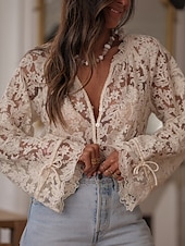 billiga Spets toppar-Dam Spets Splicing Top Ensfärgat Stylish Ledigt Långärmad V-hals Vanliga toppar Dagligen Spets Lappverk Beige Sommar Vår