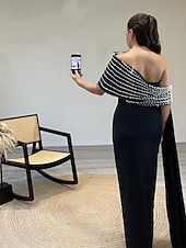 abordables Robes noires-Robe de soirée élégante en crêpe extensible à col montant et manches courtes, longueur au sol, avec cristaux scintillants, style invité de mariage, 2025