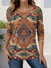 billige Boho t-skjorte-Dame T skjorte Grafisk Geometrisk Abstrakt Årgang Stilfull Moderne Langermet V-hals Vanlige topper Daglig Utskjæring Trykt mønster Rød Brun Kakifarget Vår Høst