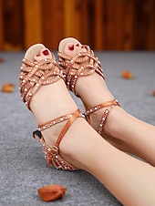 abordables Chaussures de danses latines-Chaussures de danse latine à talons strass pour femmes avec design à lanières, chaussures de salon à bout ouvert en satin pour performances professionnelles et soirées à thème Gatsby
