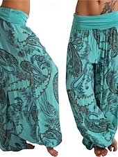 baratos perna larga e cintura alta-Mulheres Calças Calças Harem Calça Palazzo Moda Boho Comprimento total Cintura Média Imprimir Cintura elástica Confortável Micro-Elástica Rua Roupa Diária Para Noite Preto Amarelo Vermelho Azul