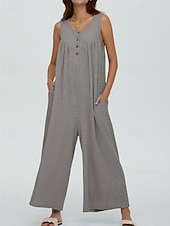 olcso alkalmi kombiné-Női Szabályos Jumpsuitek Utcai sikk Tömör szín Ujjatlan U-alakú Gombok Zseb Utca Napi Normál Fekete Sötétkék Medence Nyár