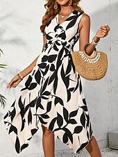 preiswerte Elegante Blumenkleider-Damen Midikleid Blumenkleid Druckkleid Mode Klassisch Modern Outdoor Urlaub Täglich Normale Passform Blume Ärmellos V Ausschnitt Rosa Blau Aprikose Sommer