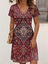 tanie Sukienki boho-Damskie Sukienka mini Sukienka t-shirtowa Sukienka letnia Urlop Codzienny Boho Wyjściowe Regularny Graficzny W Tureckie Wzory Krótki rękaw W serek Czarne złoto jesion Czarny Czerwony Lato Wiosna