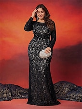 preiswerte SCHWARZ-Meerjungfrau  Trompete Plus Size Kleider Elegantes Kurven Kleid Formelle Hochzeit Bodenlänge Langarm Rundhalsausschnitt Spitze mit Schlitz