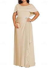 abordables Robes pour invitées de mariage-Robes D&#039;invitée de Mariage A-Ligne Élégante Robe D&#039;invitée de Mariage Engagement Longueur Totale Manches Courtes Col Ronde Tissu Lurex avec Plis Cristaux