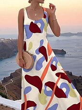 economico Arte &amp; Design Abiti-Per donna Abito maxi Abito a trapezio Abito a spalle scoperte Vacanza Casual Spiaggia Feste Uscire Spiaggia Vestibilità regolare Grafico Geometrico Senza Maniche Collo quadrato Beige Estate Primavera